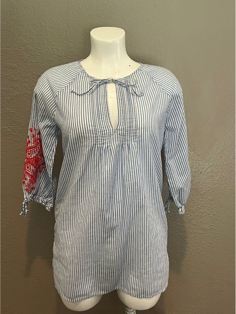 J.Crew Women’s Small Blue White Striped Embroidered Cotton Tunic Blouse Boho
